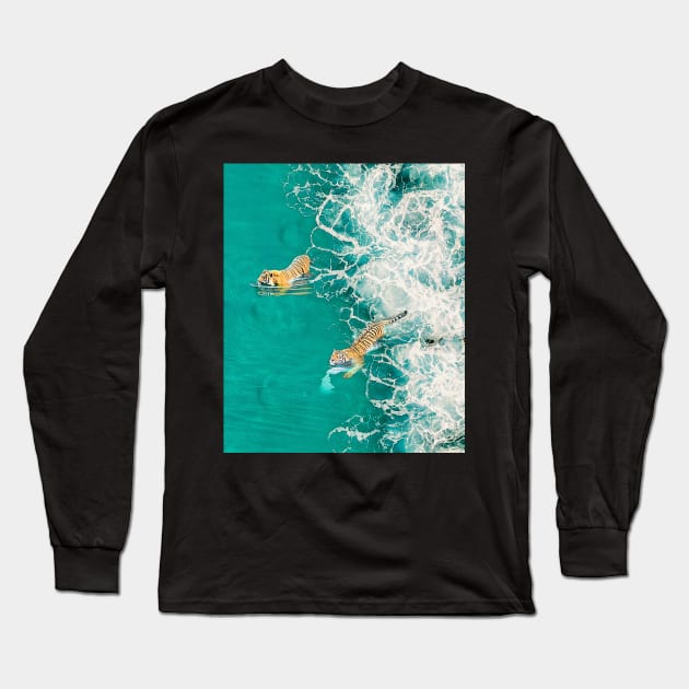 Big Cat Tiger Surfing At Beach Long Sleeve T-Shirt by Random Galaxy